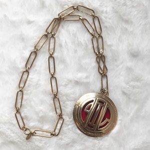 Vintage Park Lane Gold Tone Deco Style Medallion Necklace Red Enamel Pendant